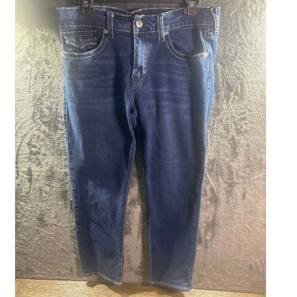 True Religion Geno Relaxed Slim Jeans Size 36 Men Big T Flap Pocket Blue Denim